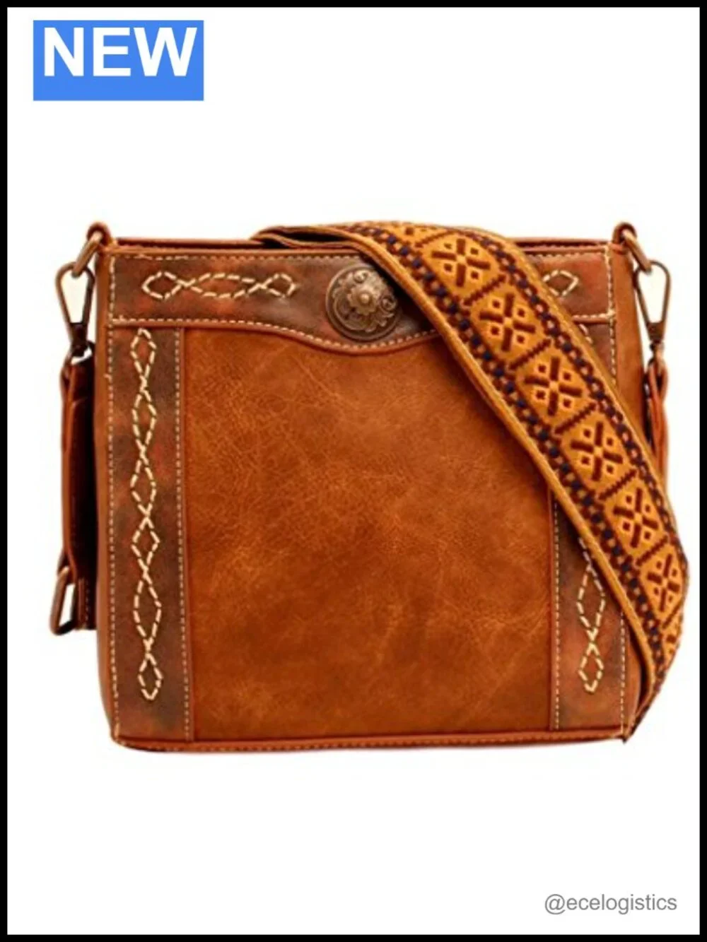 Faux Leather Concho Crossbody Bag with Zipper Top